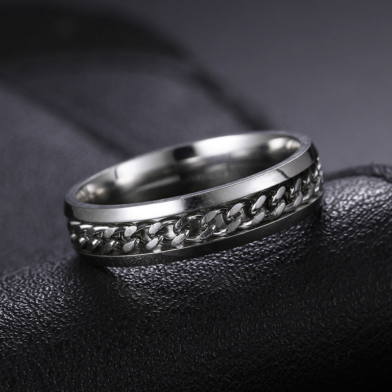 Bague homme en acier inoxydable argenté avec chaîne rotative mobile, design minimaliste urbain