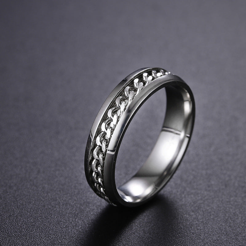 Bague homme en acier inoxydable argenté avec chaîne rotative mobile, design minimaliste urbain