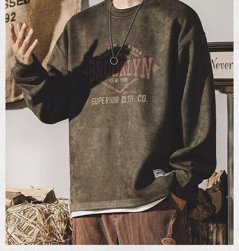 Pull vintage streetwear homme style américain oversize manches longues marron vert