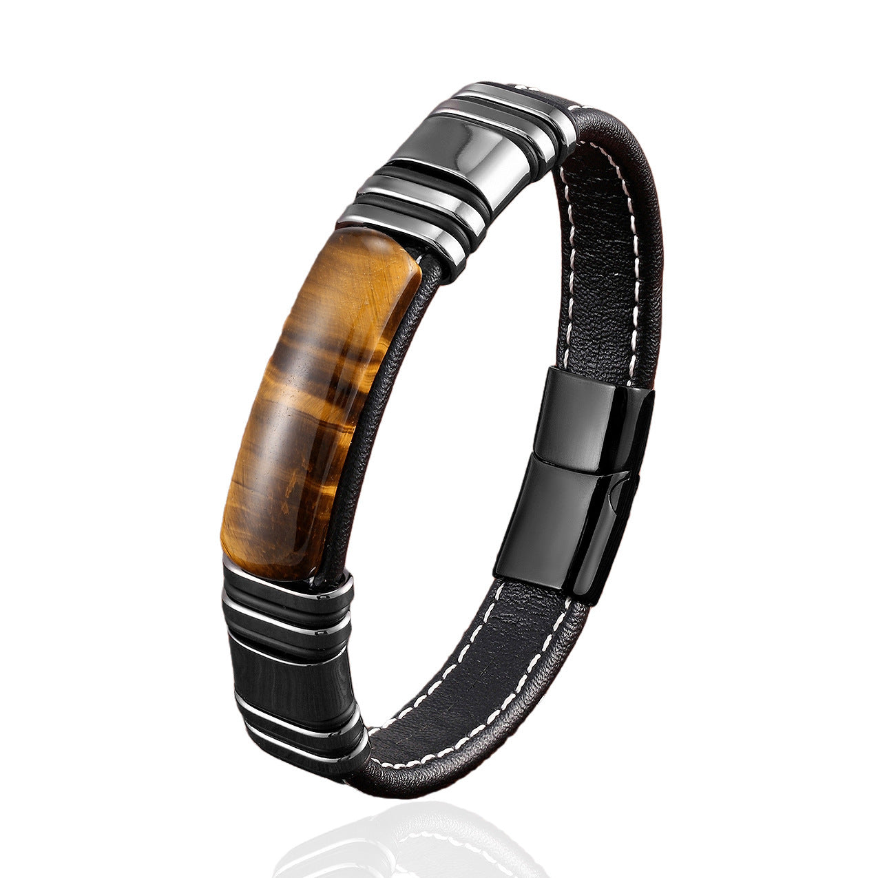 Bracelet homme en cuir noir et acier inoxydable au design géométrique rétro, porté au poignet