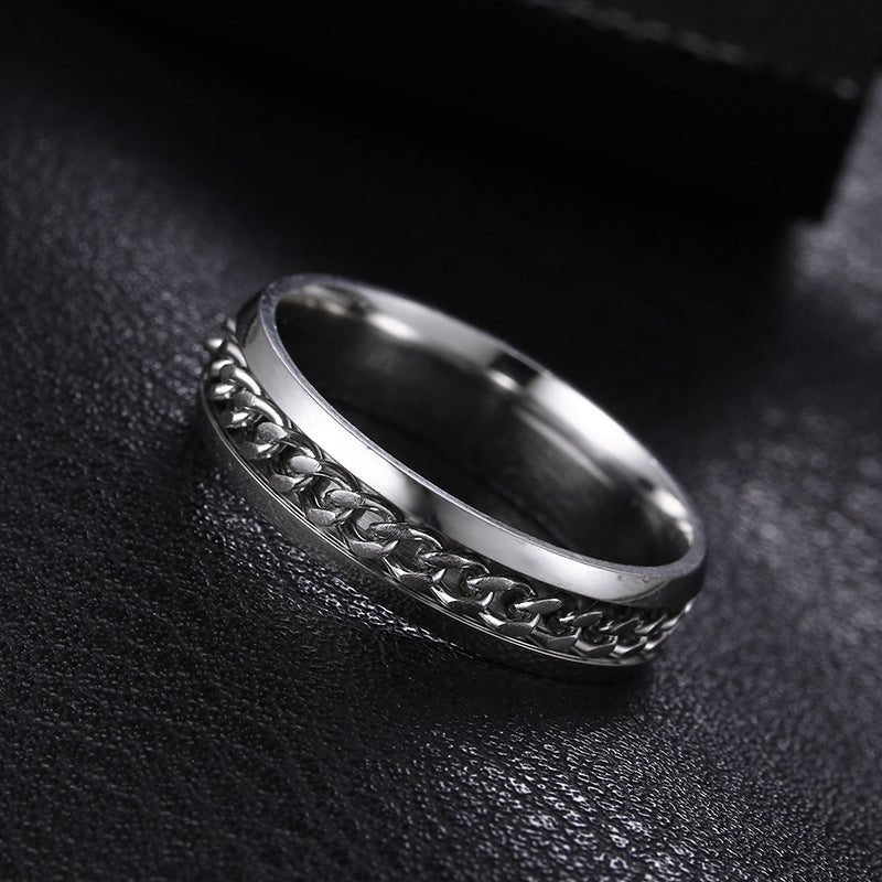 Bague homme en acier inoxydable argenté avec chaîne rotative mobile, design minimaliste urbain