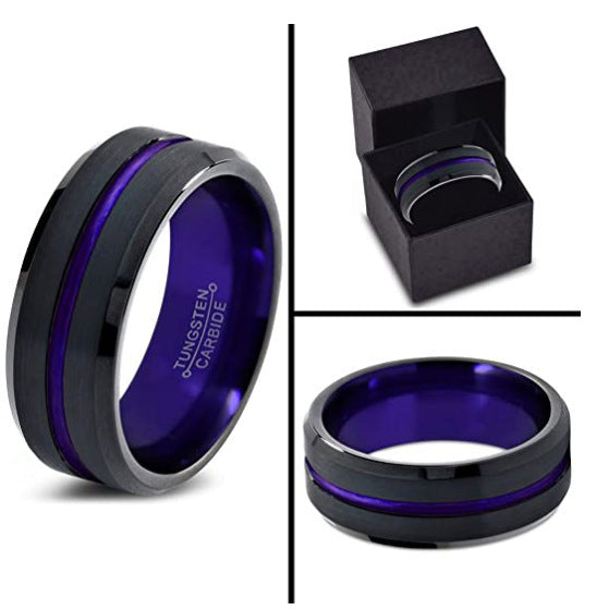 Bague homme streetwear en acier titane brossé mat avec bande centrale colorée rouge bleu vert, design bicolore