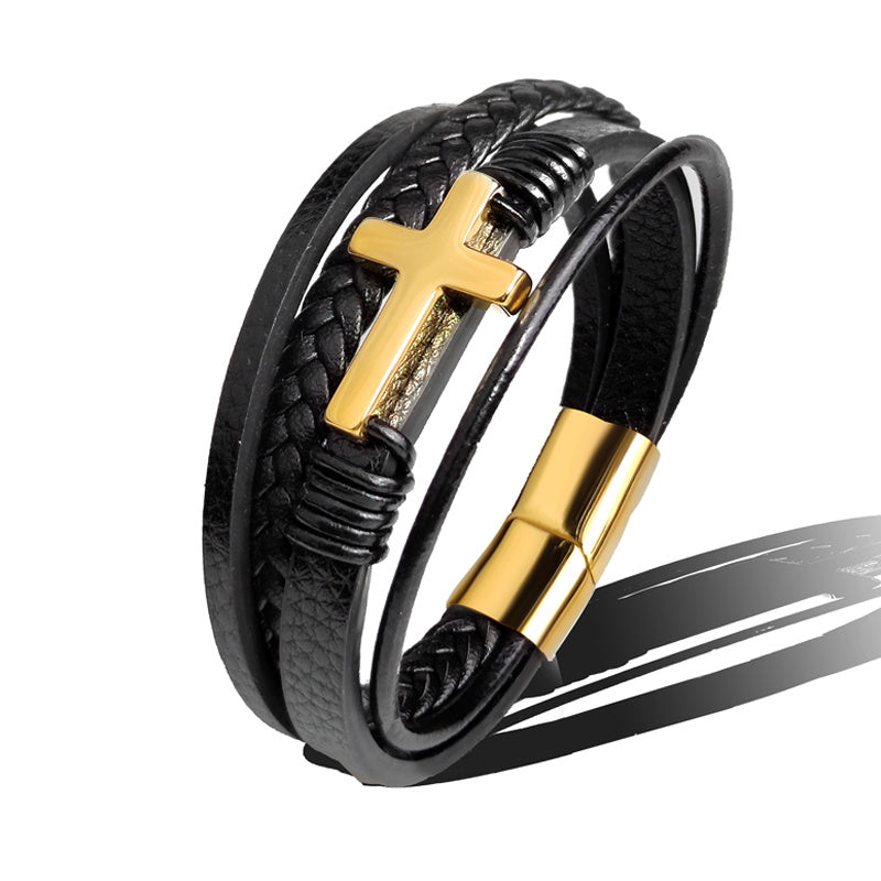 Bracelet homme en cuir noir tressé avec croix en acier inoxydable, style urbain premium