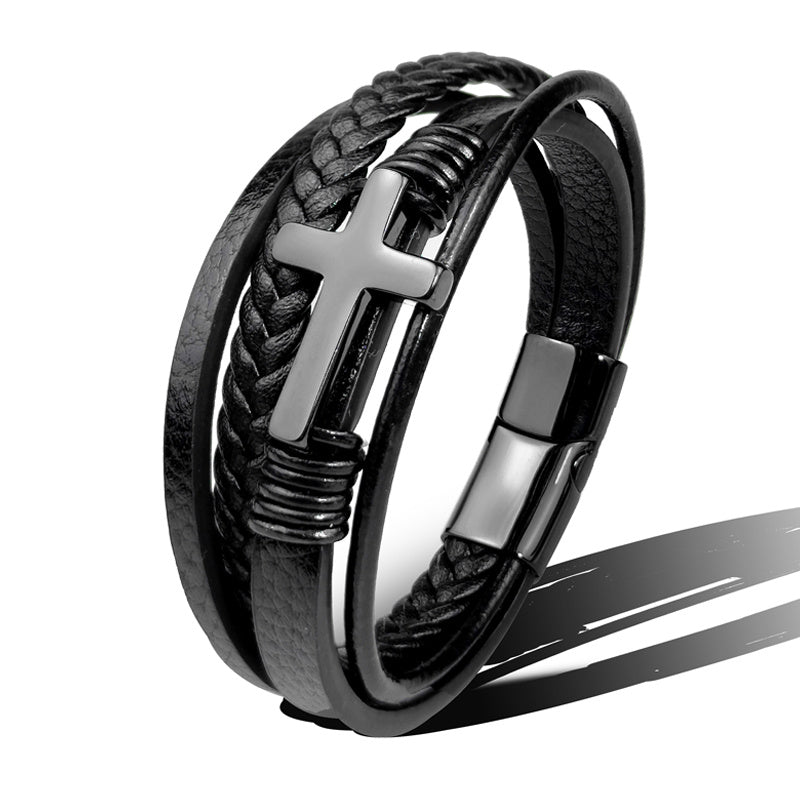 Bracelet homme en cuir noir tressé avec croix en acier inoxydable, style urbain premium