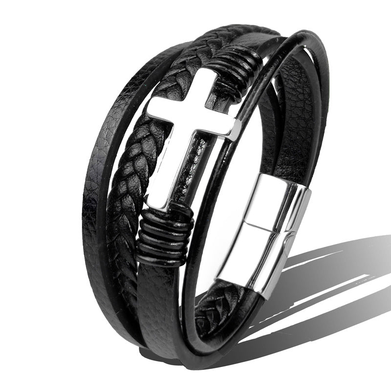 Bracelet homme en cuir noir tressé avec croix en acier inoxydable, style urbain premium
