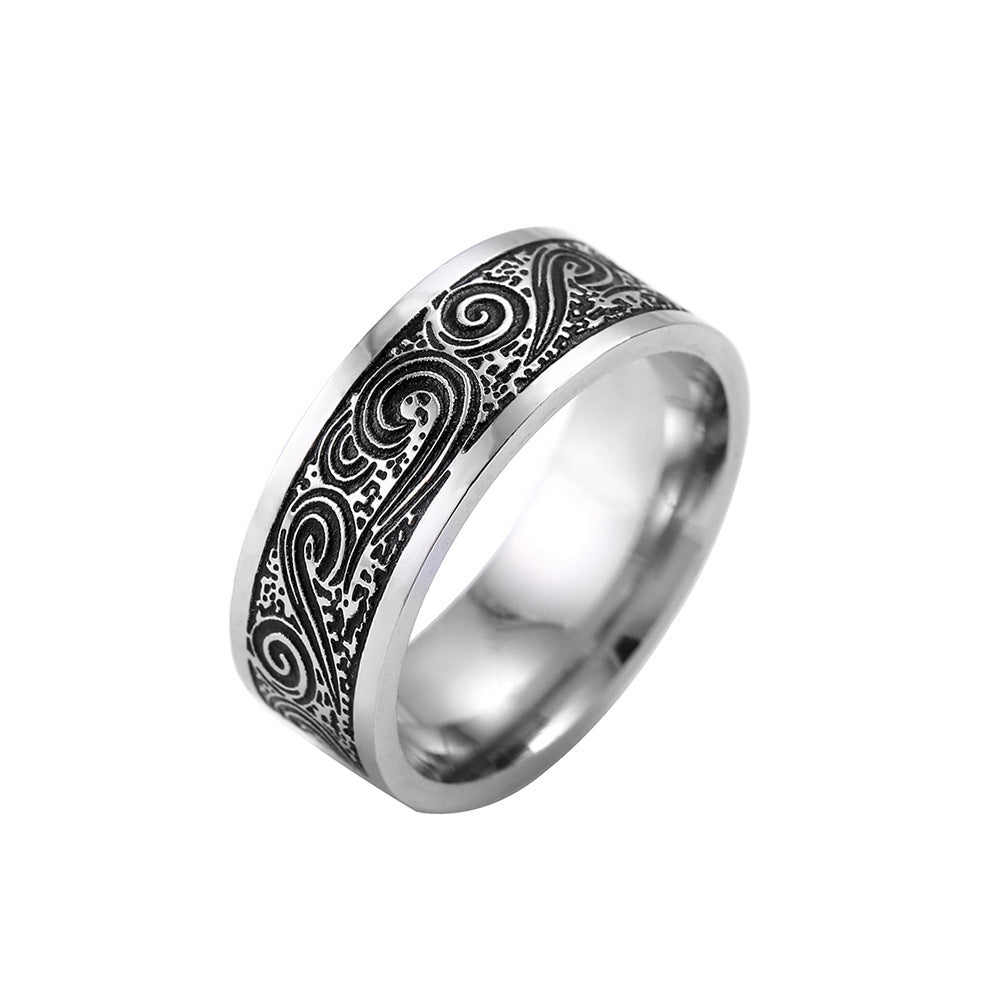 Bague homme rétro argentée en acier inoxydable avec design géométrique vintage, style streetwear urbain