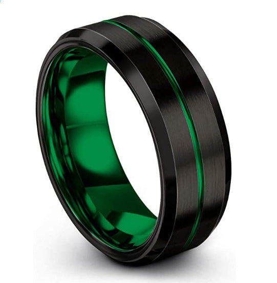 Bague homme streetwear en acier titane brossé mat avec bande centrale colorée rouge bleu vert, design bicolore