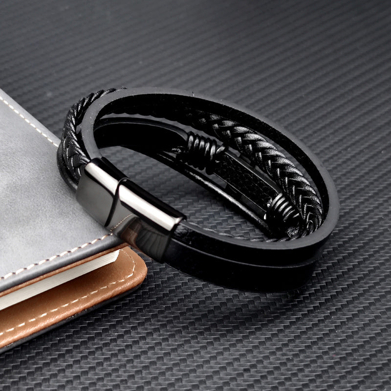 Bracelet homme en cuir noir tressé avec croix en acier inoxydable, style urbain premium