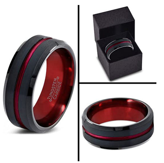 Bague homme streetwear en acier titane brossé mat avec bande centrale colorée rouge bleu vert, design bicolore