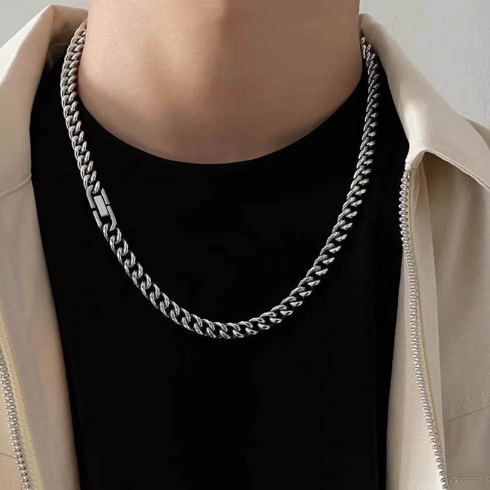 Collier Cuban Chain homme 8mm en acier inoxydable argenté brillant, style streetwear hip-hop